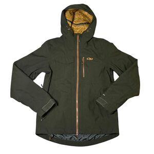 OUTDOOR RESEARCH Mens BlackPowder II Ski Jacket Small Hood Ranger Green Orange